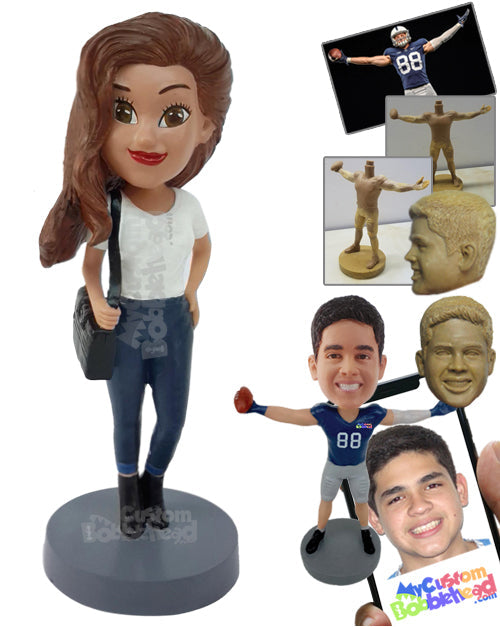 Gorgeous Woman Wearing Beautiful Jeans and Shirt with Long Boots and Bag Personalized Bobblehead