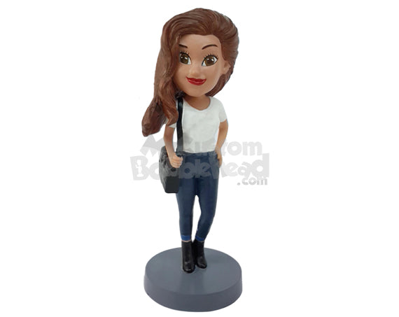 Gorgeous Woman Wearing Beautiful Jeans and Shirt with Long Boots and Bag Personalized Bobblehead