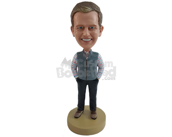 Handsome Man Wearing Shirt with Jacket, Belt, and Pants with Shoes Personalized Bobblehead