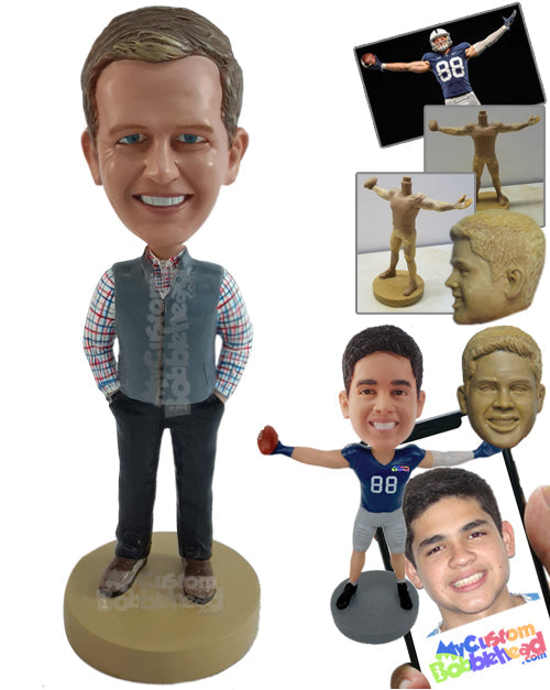 Handsome Man Wearing Shirt with Jacket, Belt, and Pants with Shoes Personalized Bobblehead