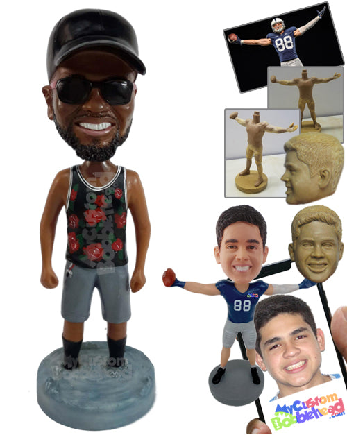 Man Wearing Beanie Shirt with Feet Embedded to Base Personalized Bobblehead