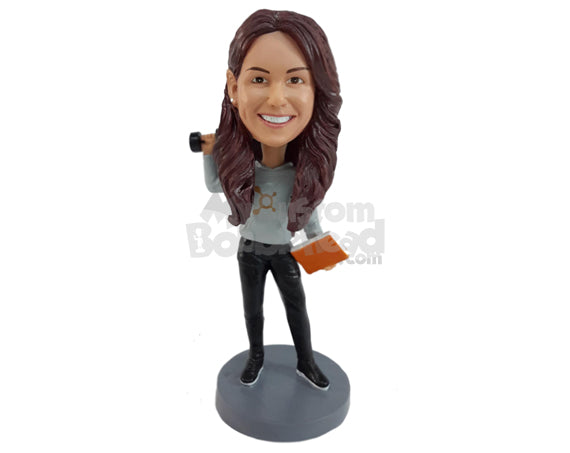 Custom Bobblehead Woman Lifting Dumbbells And Manual - Leisure & Casual Casual Females Personalized Bobblehead & Cake Topper