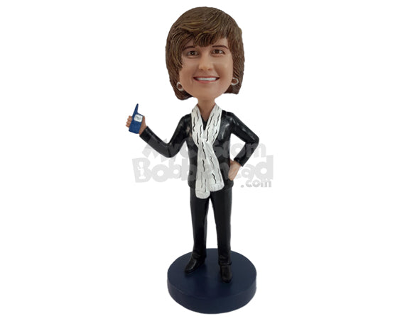 Custom Bobblehead Woman Holding Phone In Hand While Wearing Scarf - Leisure & Casual Casual Females Personalized Bobblehead & Cake Topper