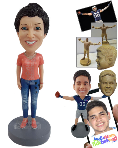 Woman in Shiny Shirt and Shoes Personalized Bobblehead