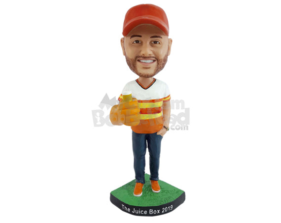 Guy with Big Glove Holding Drink in His Hand with Other Hand Tucked into Pocket Personalized Bobblehead