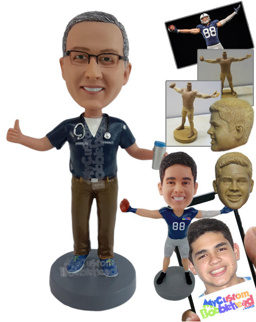 Man Giving Thumbs Up and Holding Coffee in Other Hand Personalized Bobblehead