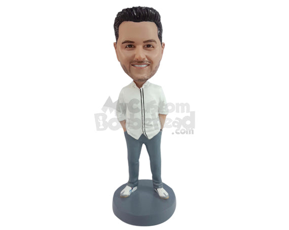 Custom Bobblehead Guy With Tucked Hands Dressed Very Smartly - Leisure & Casual Casual Males Personalized Bobblehead & Cake Topper