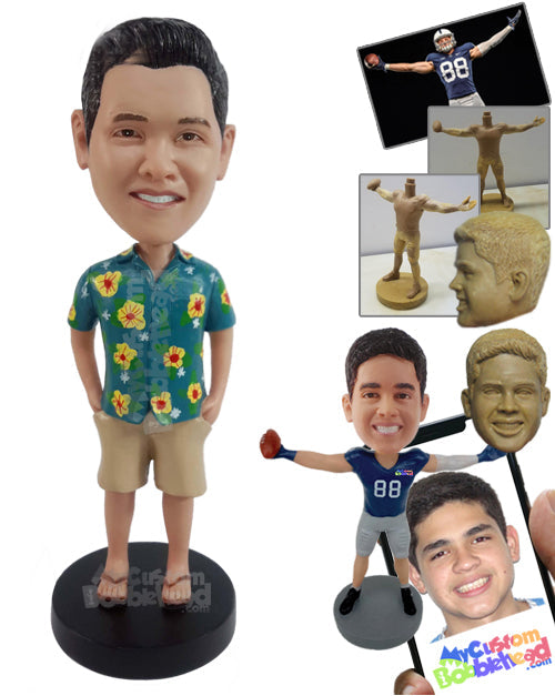 Man Wearing Casual Shirt and Flip Flops with Shorts Personalized Bobblehead