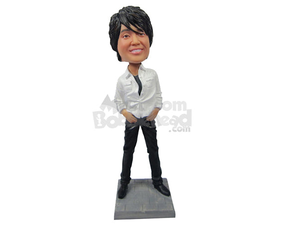 Custom Bobblehead Dashing Guy In Rockstar Pose With A Killer Hairstyle - Leisure & Casual Casual Males Personalized Bobblehead & Cake Topper