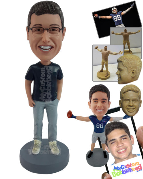 Cool Guy with One Hand in Pocket Wearing a Round-Neck T-Shirt and Tennis Shoes Personalized Bobblehead