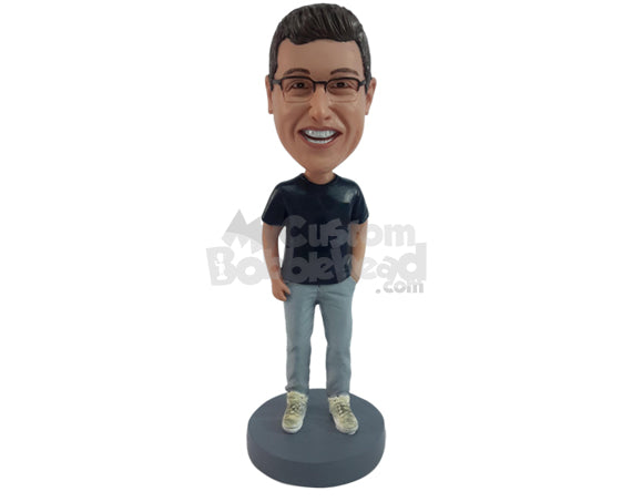 Cool Guy with One Hand in Pocket Wearing a Round-Neck T-Shirt and Tennis Shoes Personalized Bobblehead