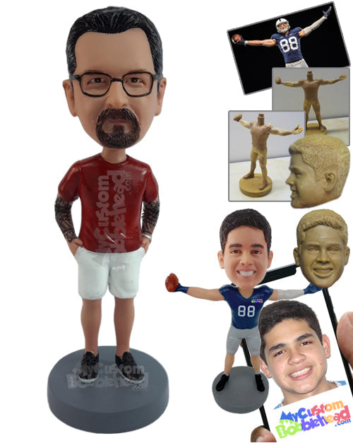 Nice guy with a round neck t-shirt and shorts with hands in pockets Personalized Bobblehead