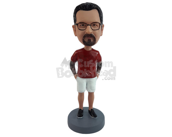 Nice guy with a round neck t-shirt and shorts with hands in pockets Personalized Bobblehead