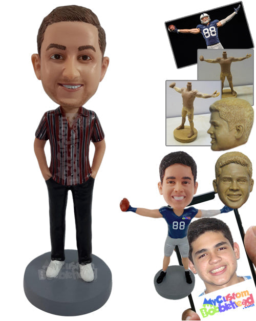 Fashionable Dude Wearing a Nice Opened Button-Down Shirt with Hands in Pockets Personalized Bobblehead