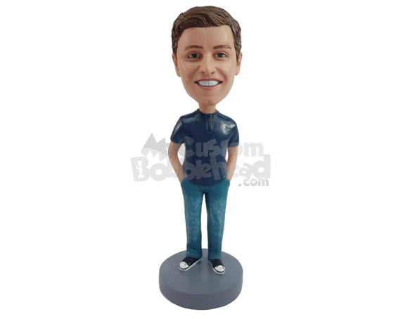 Custom Bobblehead Cool dude wearing tight round neck t-shirt with both hands inside the pockets - Leisure & Casual Casual Males Personalized Bobblehead & Action Figure