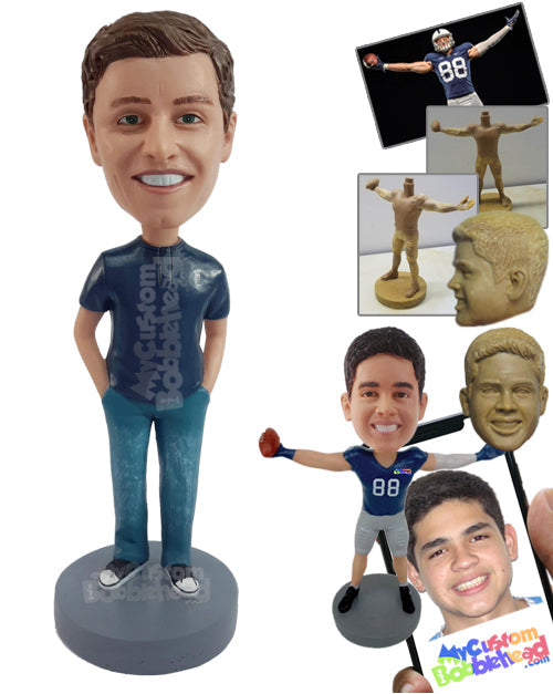 Cool Dude Wearing Tight Round Neck T-Shirt with Both Hands Inside the Pockets Personalized Bobblehead