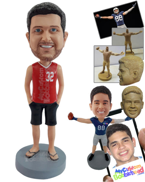 Relaxed guy with a sleeveless v-neck shirt, shorts, and sandals, hands in pockets Personalized Bobblehead