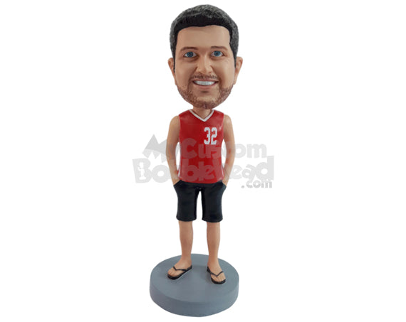 Relaxed guy with a sleeveless v-neck shirt, shorts, and sandals, hands in pockets Personalized Bobblehead