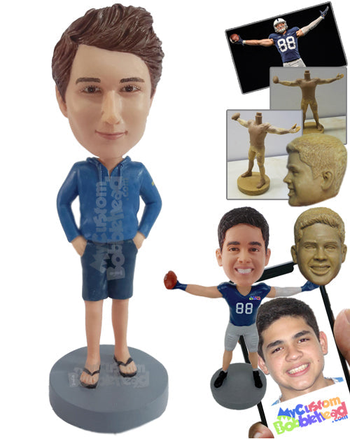 Guy Wearing Nice-looking Sweatshirt, Shorts, and Sandals Personalized Bobblehead