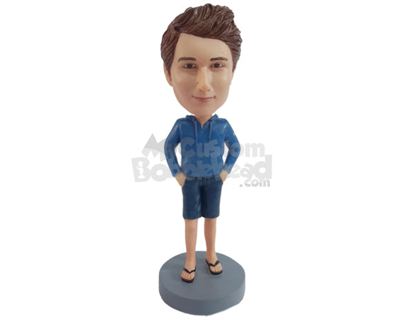 Guy Wearing Nice-looking Sweatshirt, Shorts, and Sandals Personalized Bobblehead