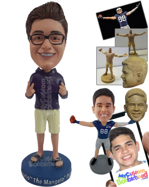 Cool Dude Making Peace Sign with Both Hands Wearing a Hoodie, Shorts, and Slide-In Sandals Personalized Bobblehead