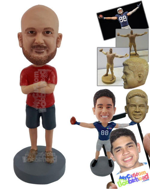 Nice male with arms folded, wearing a t-shirt, shorts, and nice loafers Personalized Bobblehead