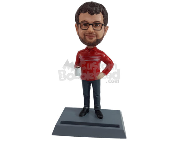 Custom Bobblehead Nice man wearing long sleeved polo shirt holding a cup of coffee ready to star the day - Leisure & Casual Casual Males Personalized Bobblehead & Action Figure