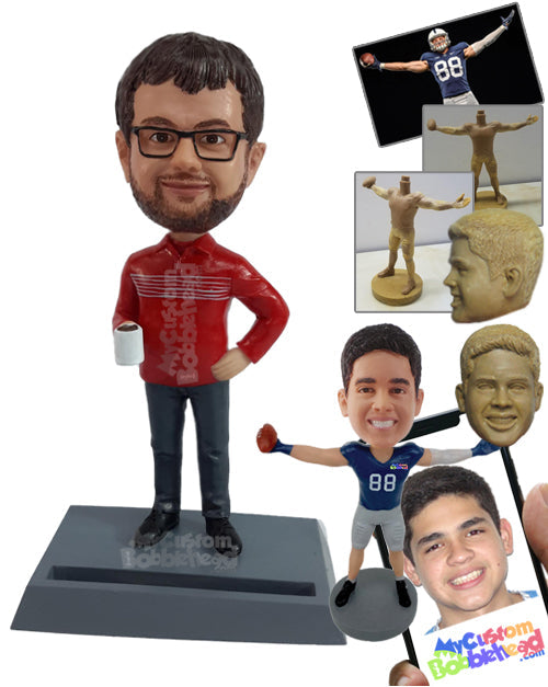 Nice man wearing a long-sleeved polo shirt, holding a cup of coffee, ready to start the day Personalized Bobblehead