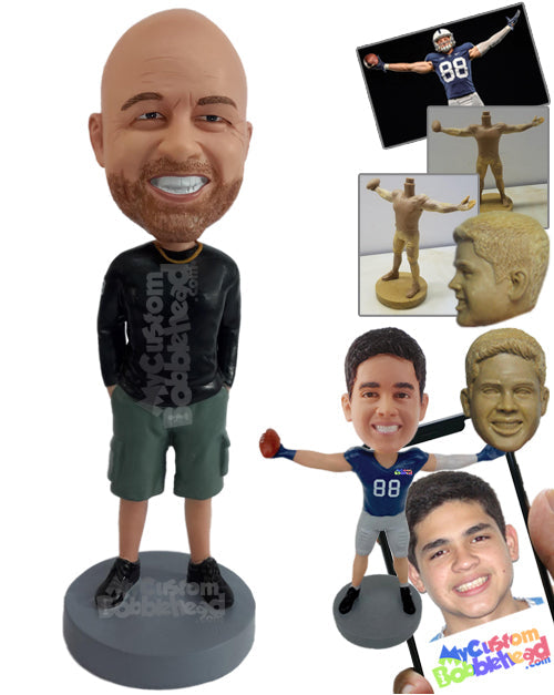 Cool Dude Relaxed Wearing Long Sleeve Round Neck Shirt with Camo Shorts and Shoes Personalized Bobblehead