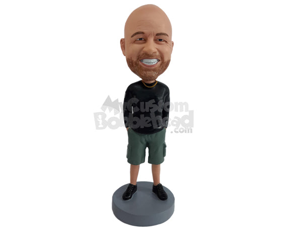 Cool Dude Relaxed Wearing Long Sleeve Round Neck Shirt with Camo Shorts and Shoes Personalized Bobblehead