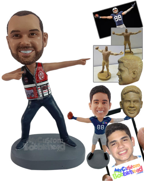 Awesome Looking Dude Cheering for His Team Wearing a Sleeveless V-Neck Jersey and Pants Personalized Bobblehead