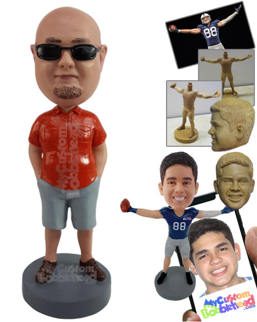 Confident Man with Both Hands Inside Pockets Wearing Nice Pocket Shirt, Shorts, and Nice Shoes Personalized Bobblehead