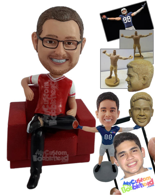 Relaxed dude ready to watch a sports game, sitting on his couch Personalized Bobblehead