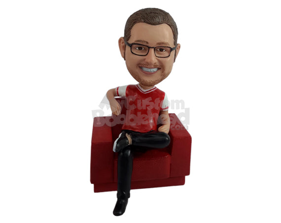 Relaxed dude ready to watch a sports game, sitting on his couch Personalized Bobblehead