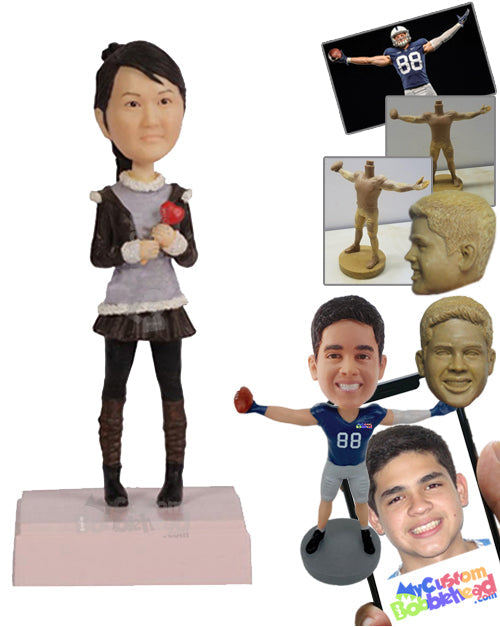 Cute Charming Girl in Long Boots and Skirt Holding a Heart-Shaped Stick Personalized Bobblehead