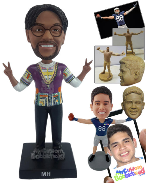 Cool Dude Wearing Nice Colorful Clothing with Hands Making Peace Sign Personalized Bobblehead