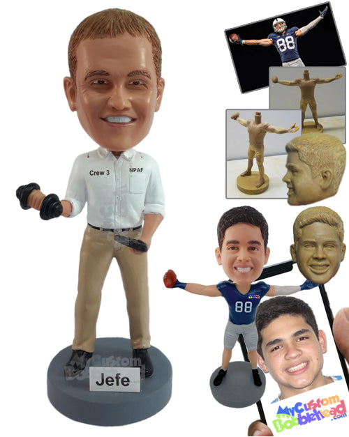 Dude Working Out with Business Clothes and a Cell Phone at Hand Personalized Bobblehead