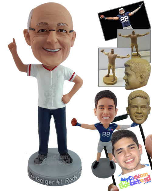 Cheery Fan Pointing Up Wearing His Team Jersey Personalized Bobblehead