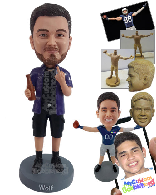 Naughty dude giving his finger, wearing nice clothes, holding a beer Personalized Bobblehead