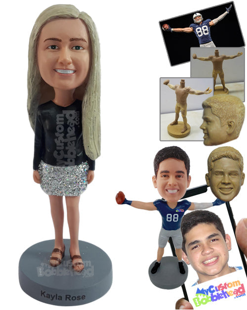 Beautiful Girl Wearing Long Sleeve Shirt and Sparkly Skirt Personalized Bobblehead