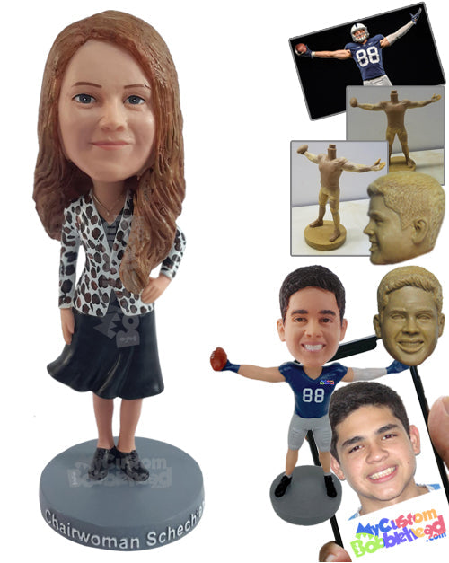 Beautiful Young Woman Wearing Animal Print Jacket and Wind-Blown Skirt Personalized Bobblehead