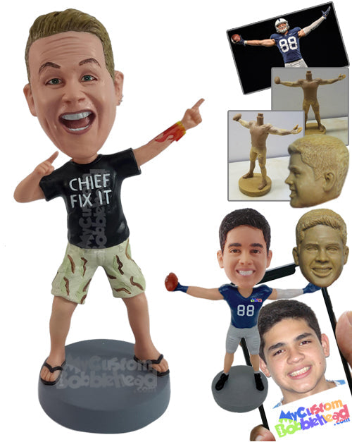 Funny Guy Making Cool Finger Gesture, Wearing Shirt, Shorts, and Sandals Personalized Bobblehead