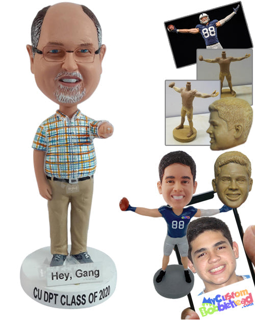 Man wearing nice pretty clothes, raising one arm waiting for a fist bump Personalized Bobblehead