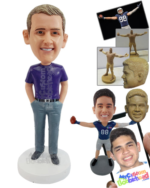 Business Guy Wearing Enterprise T-Shirt and Formal Pants with Both Hands Inside Pockets Personalized Bobblehead