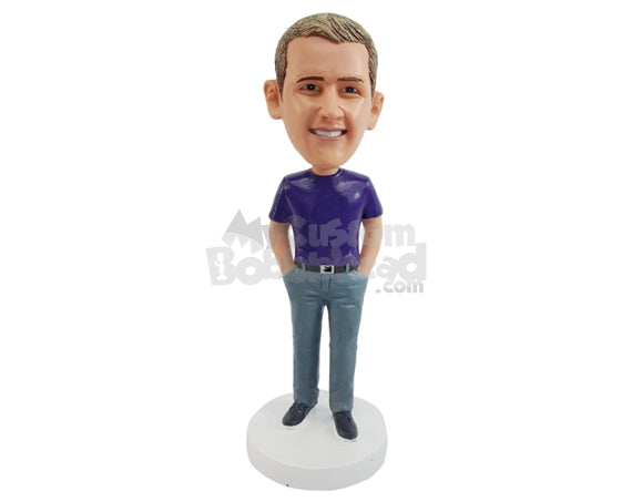 Business Guy Wearing Enterprise T-Shirt and Formal Pants with Both Hands Inside Pockets Personalized Bobblehead