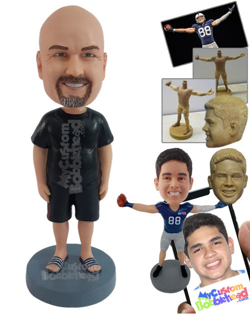 Relaxed male wearing a round neck shirt, shorts, and slide-in sandals Personalized Bobblehead