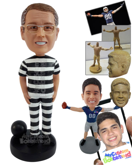 Jail fugitive male wearing jail clothes and a ball and chain at his feet Personalized Bobblehead