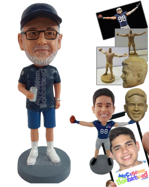 Sports male fan drinking a beer, wearing shirt, shorts, and tennis shoes Personalized Bobblehead