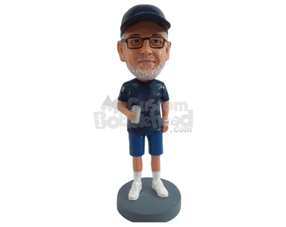 Sports male fan drinking a beer, wearing shirt, shorts, and tennis shoes Personalized Bobblehead