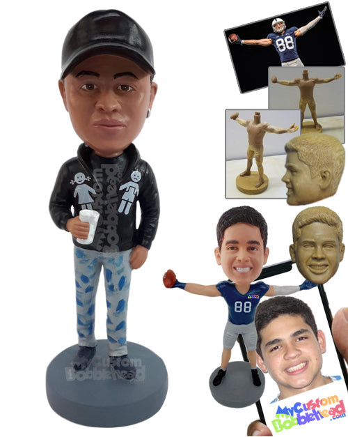 Nice guy wearing an awesome jacket and printed jeans, having a cup of coffee Personalized Bobblehead